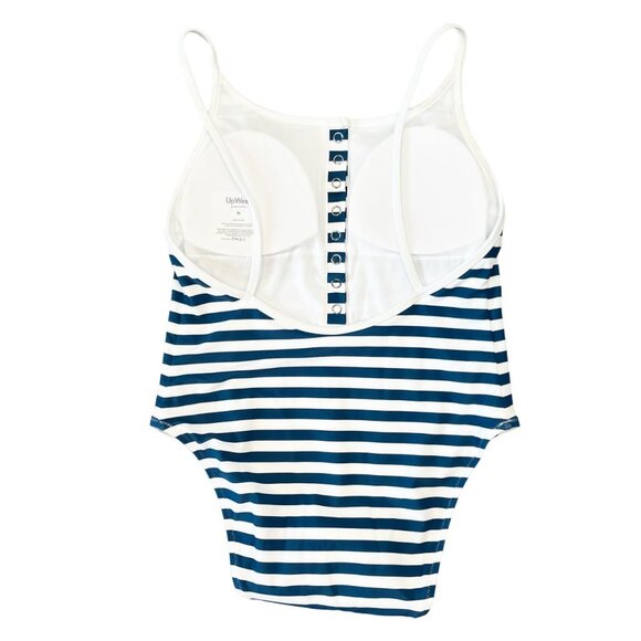 UpWest Henley One Piece Swimsuit NWOT Blue White Striped Scoop Back Size Medium - Picture 2 of 5